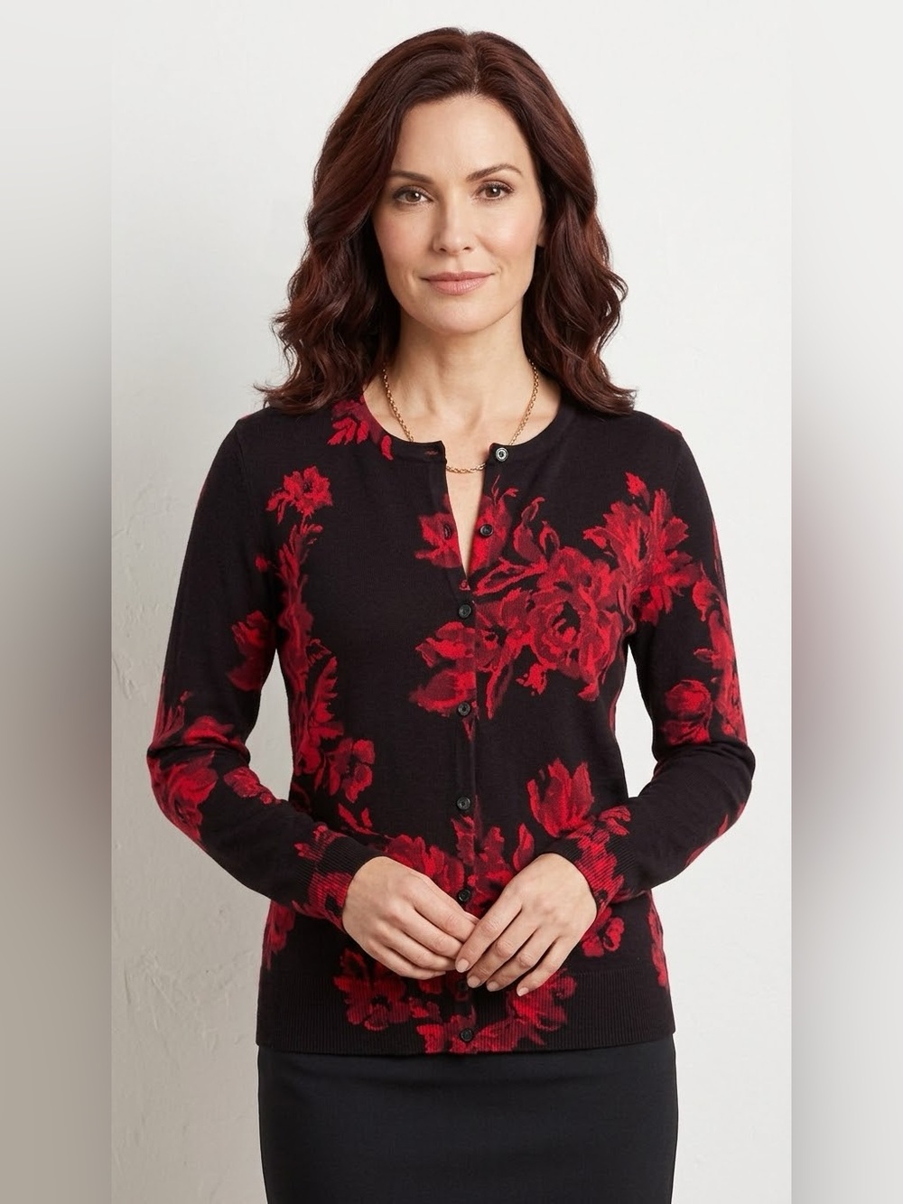 Croft & Barrow Black & Red Floral Button-Front Women’s Sweater cardigan medium